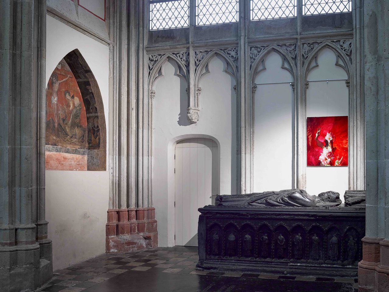 Burial Chapel of Guy of Avesnes, left : Mural in niche: Crucifixion with Mary, St John and St Margareth. Right:  Amaryla is born (2019) 90.0 x 74.2 cm